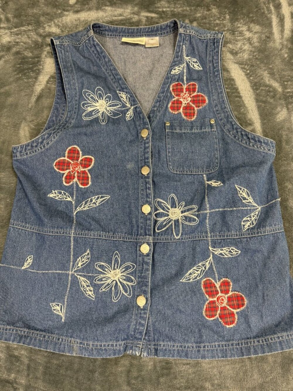 Susan Bristol Womens Blue Denim Embroidered Floral Button Front Vest M